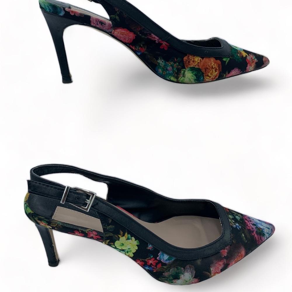 Dorothy Perkins Black Floral Sling Back Shoes Stiletto Heels  Faux Leather UK 7 - Picture 3 of 13